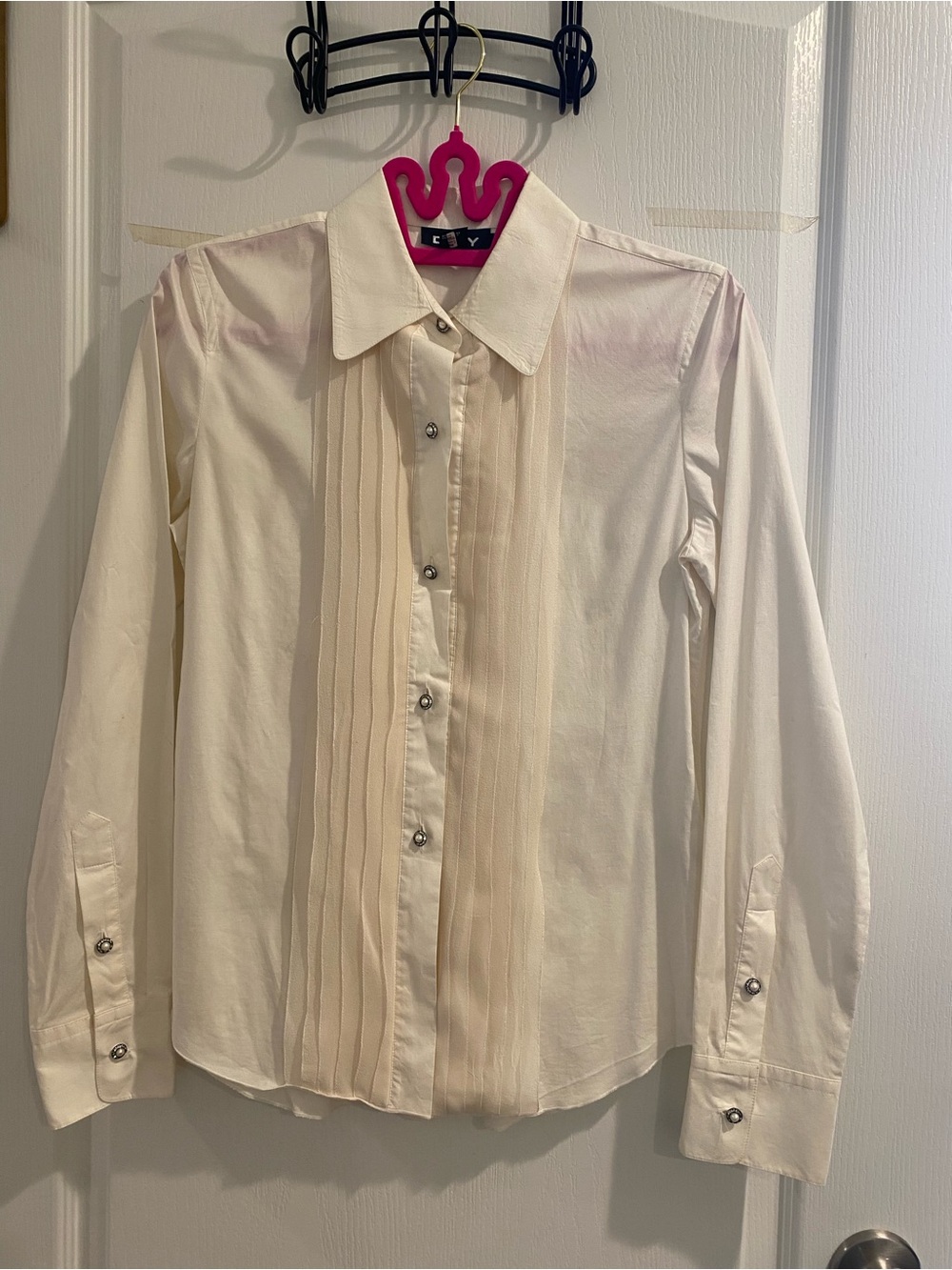 DKNY Cream Collared Top with Crystal Button Detail